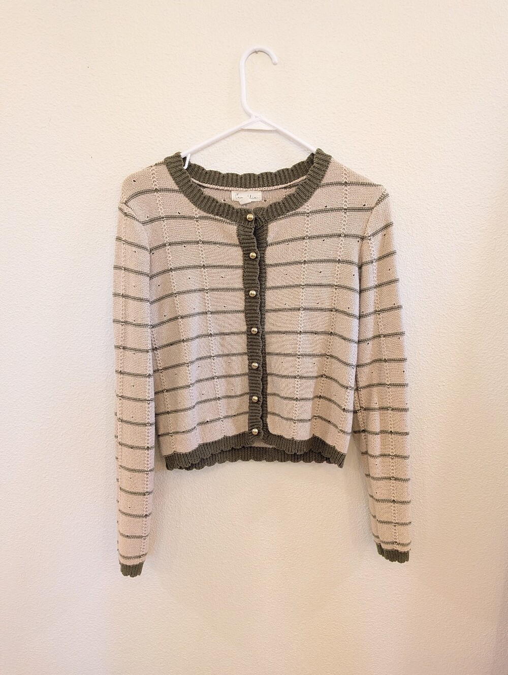 Cropped Cream and Olive Striped Cardigan